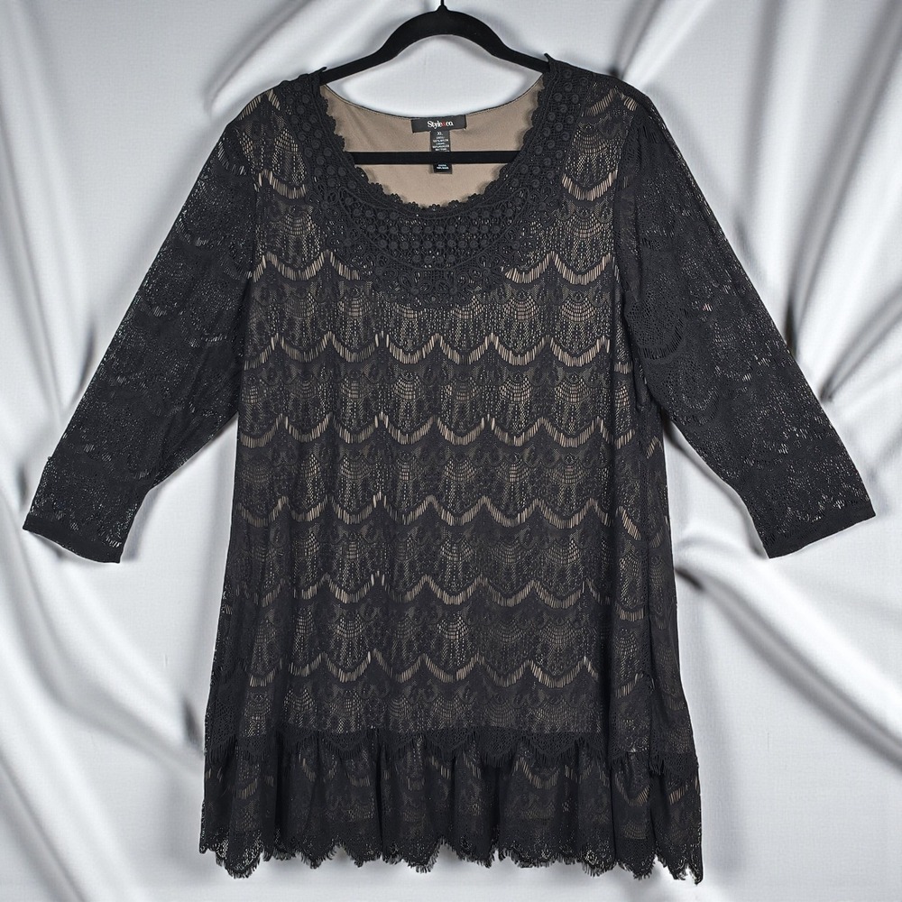 Style Co Dress Woman XL Black Sheer Lace Overlay Ruffle Hem Whimsygoth Witchy